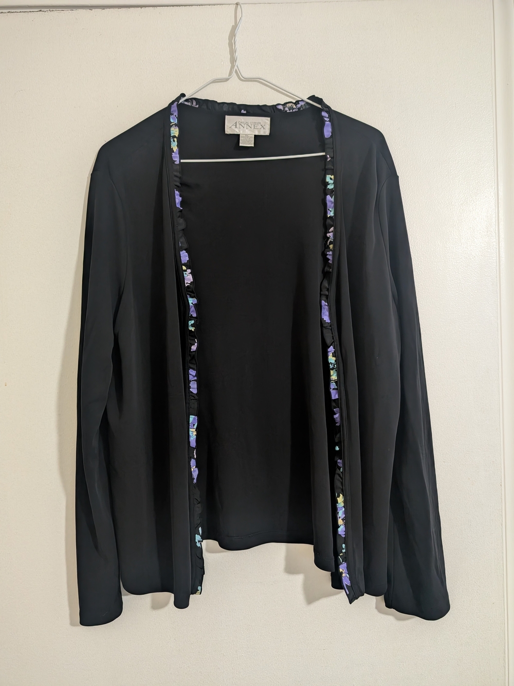 Vintage Casual Corner Annex Black Floral Ruffle Trim Open Cardigan Size XL